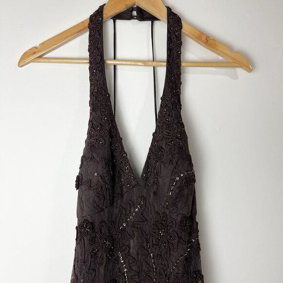 Sue Wong Nocturne Formal Dress Brown Lace Beaded Halter Maxi Size 8 - Picture 12 of 16